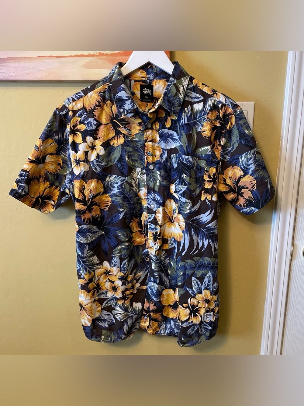 Stussy Men's Navy & Yellow Floral Short-Sleeve Shirt
